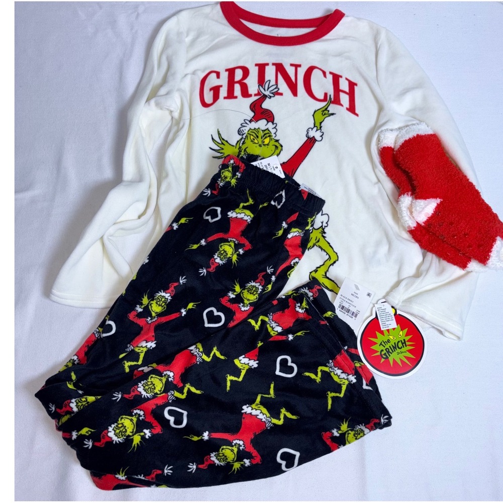 Dr. Seuss The Grinch Pajama Set M age 7 - 8 White New 3pc Fleece Top Pants Socks